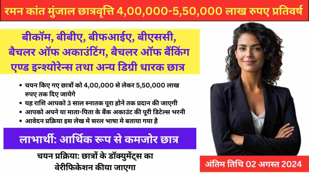 Raman Kant Munjal Scholarship 2024-25: 4 से 5.50 लाख की प्रतिवर्ष स्कालर्शिप, बस 5 मिनट मे करे आवेदन
up scholarship 2024
up scholarship lab aayegi
bihar scholarship 2024
mp scholarship 2024-25
up scholarship 2025