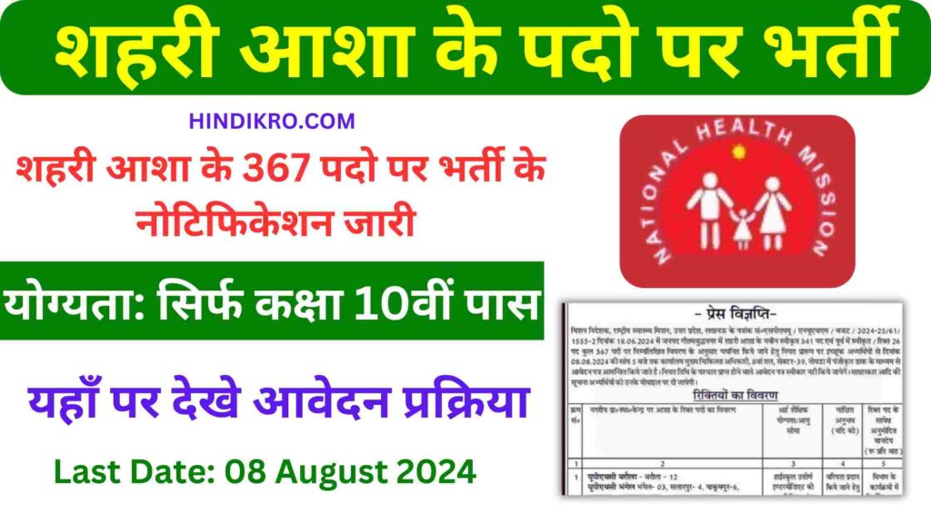 Urban ASHA Vacancy 2024-25: शहरी आशा के 367 पदो पर भर्ती, कक्षा 10वीं पास कतरे आवेदन