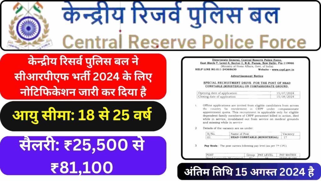 CRPF Head Constable Vacancy 2024 in HINDI